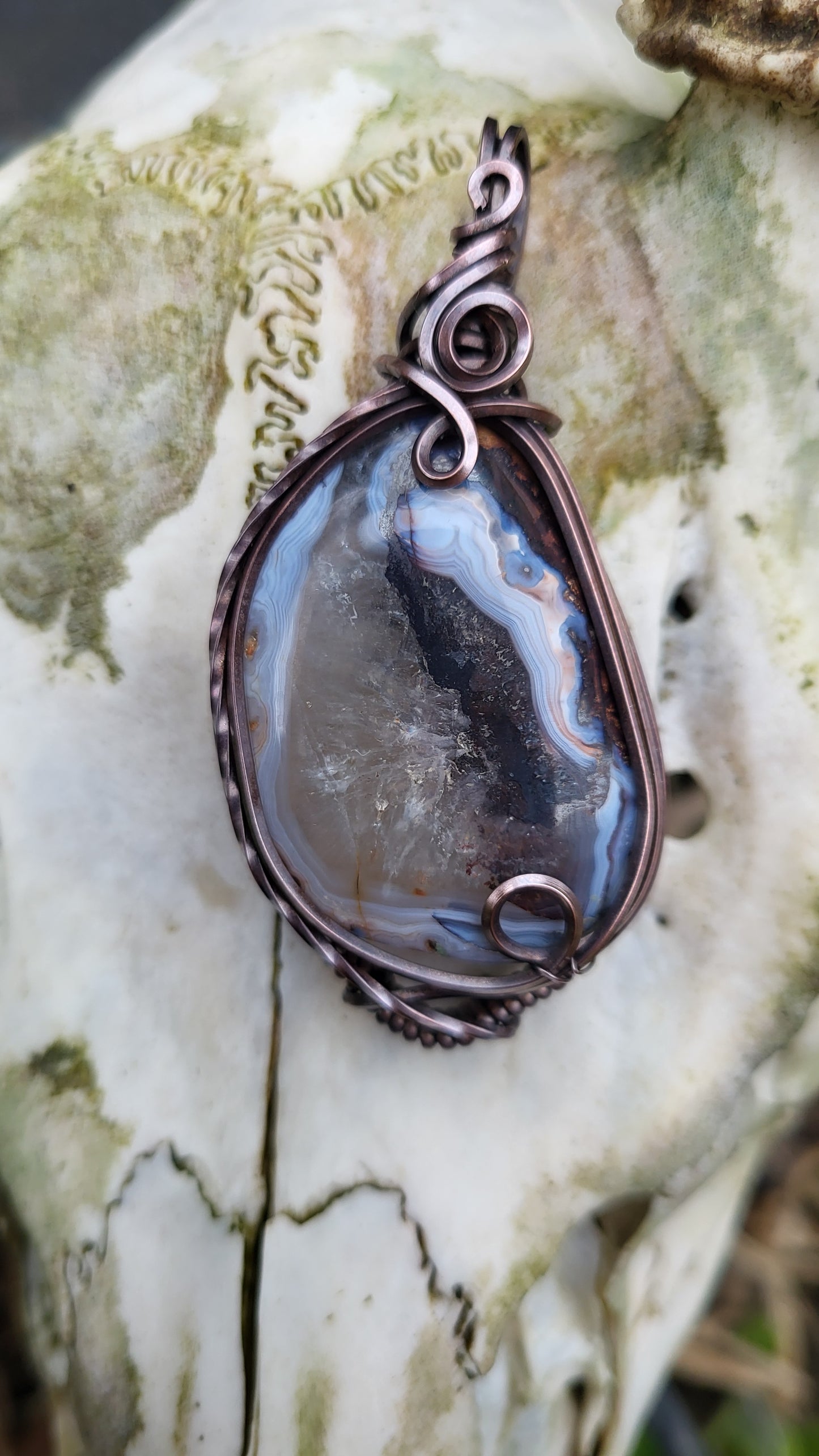 Iron Cactus Agate w Hematite Inclusion Oxidized Copper Wire Wrap Pendant