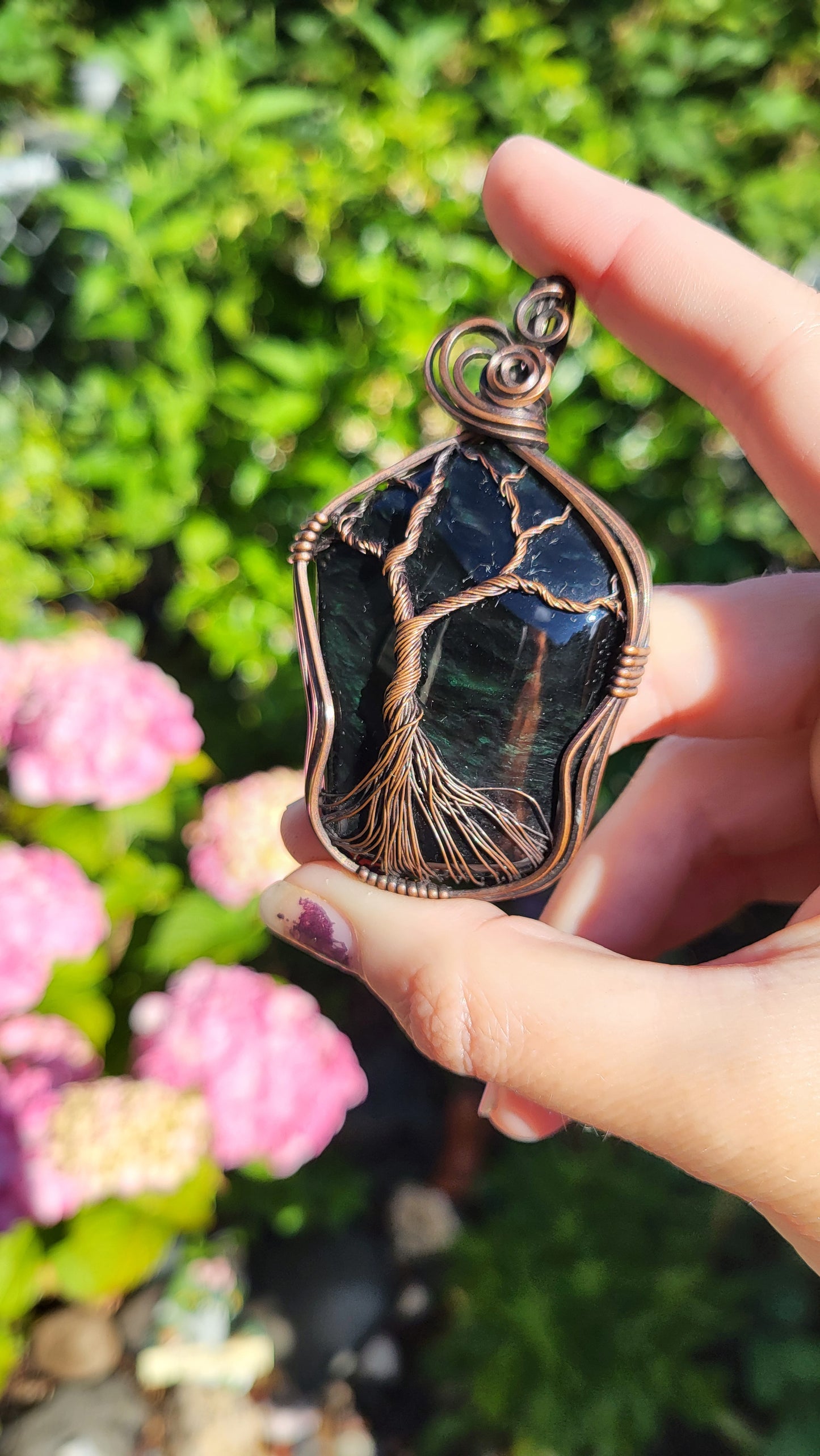 Green Velvet Obsidian Copper Tree Of Life Pendant
