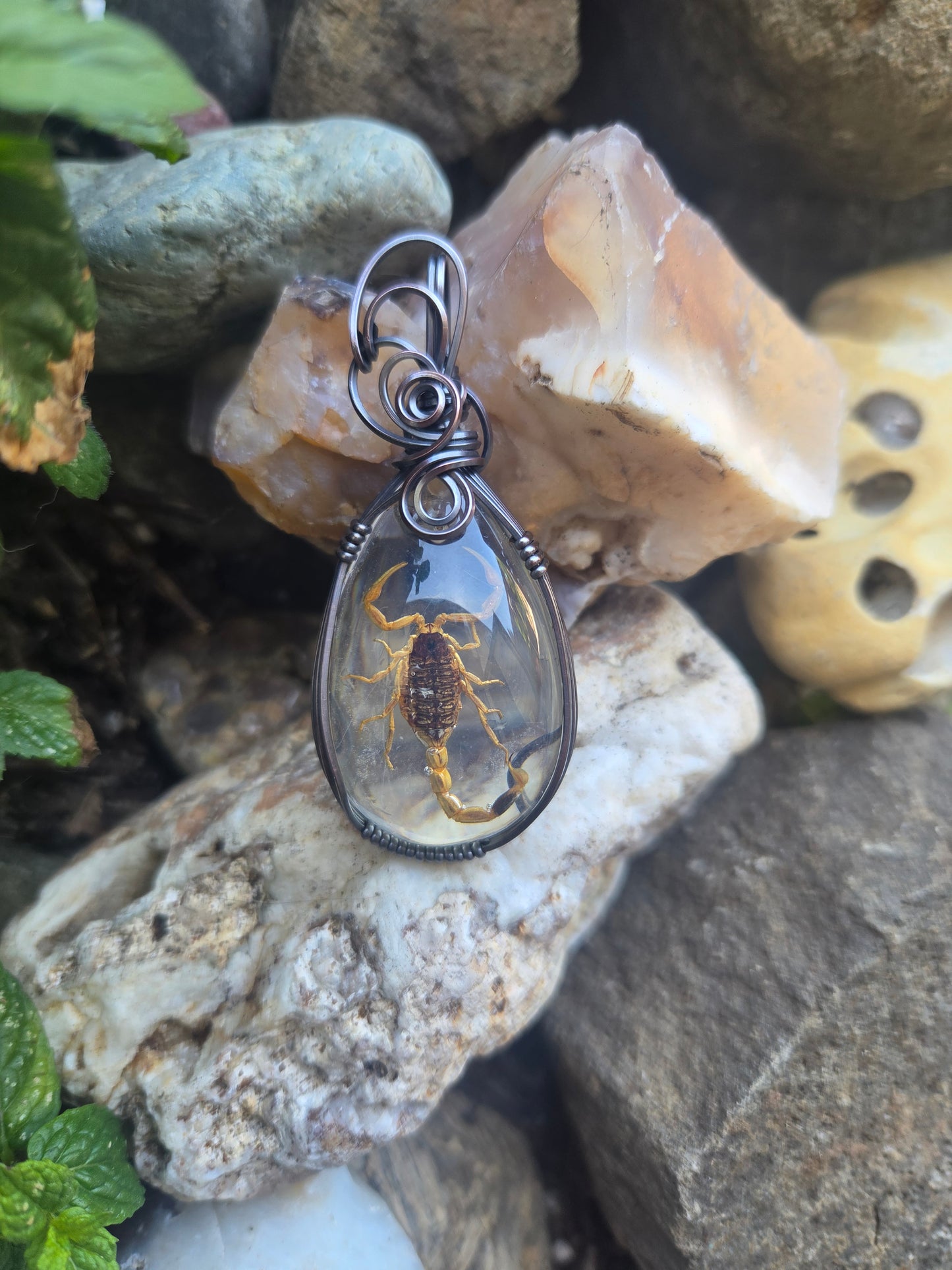 Handcrafted Oxidized Copper Wire Wrap Pendant w/ Resin Scorpion Cabochon
