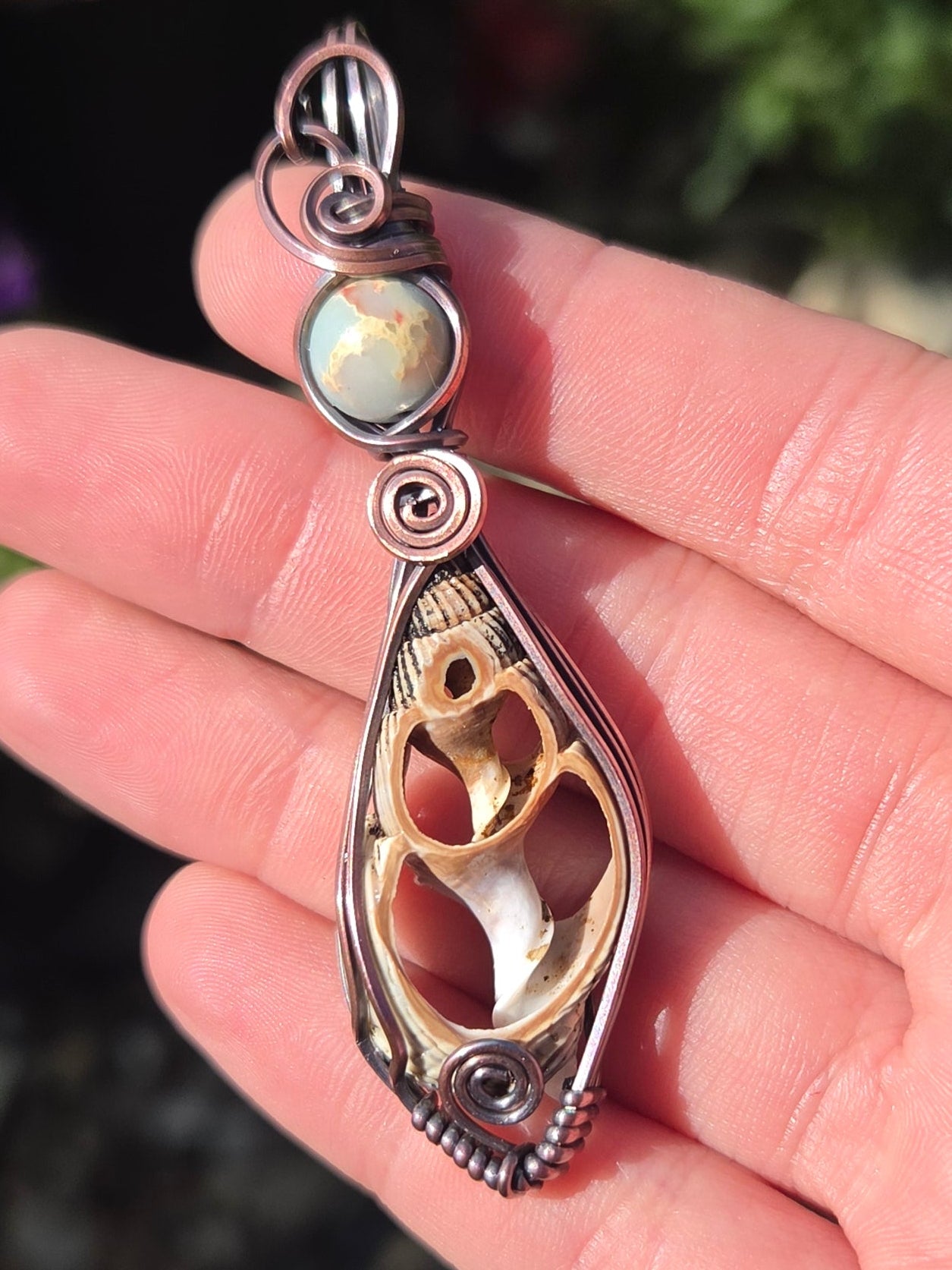 Center Cut Seashell With Shoushan Stone Accent Copper Totem Pendant