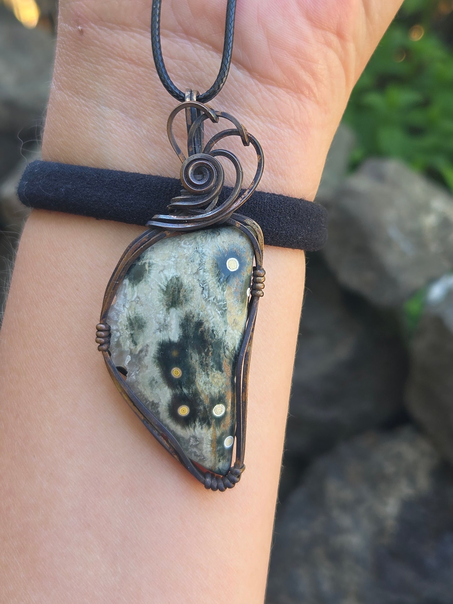 Handcrafted Oxidized Copper Wire Wrap Pendant Featuring Ocean Jasper