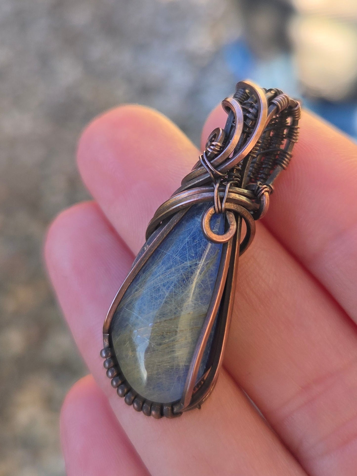 Golden Rutile / Lapis Lazuli Doublet Copper Pendant