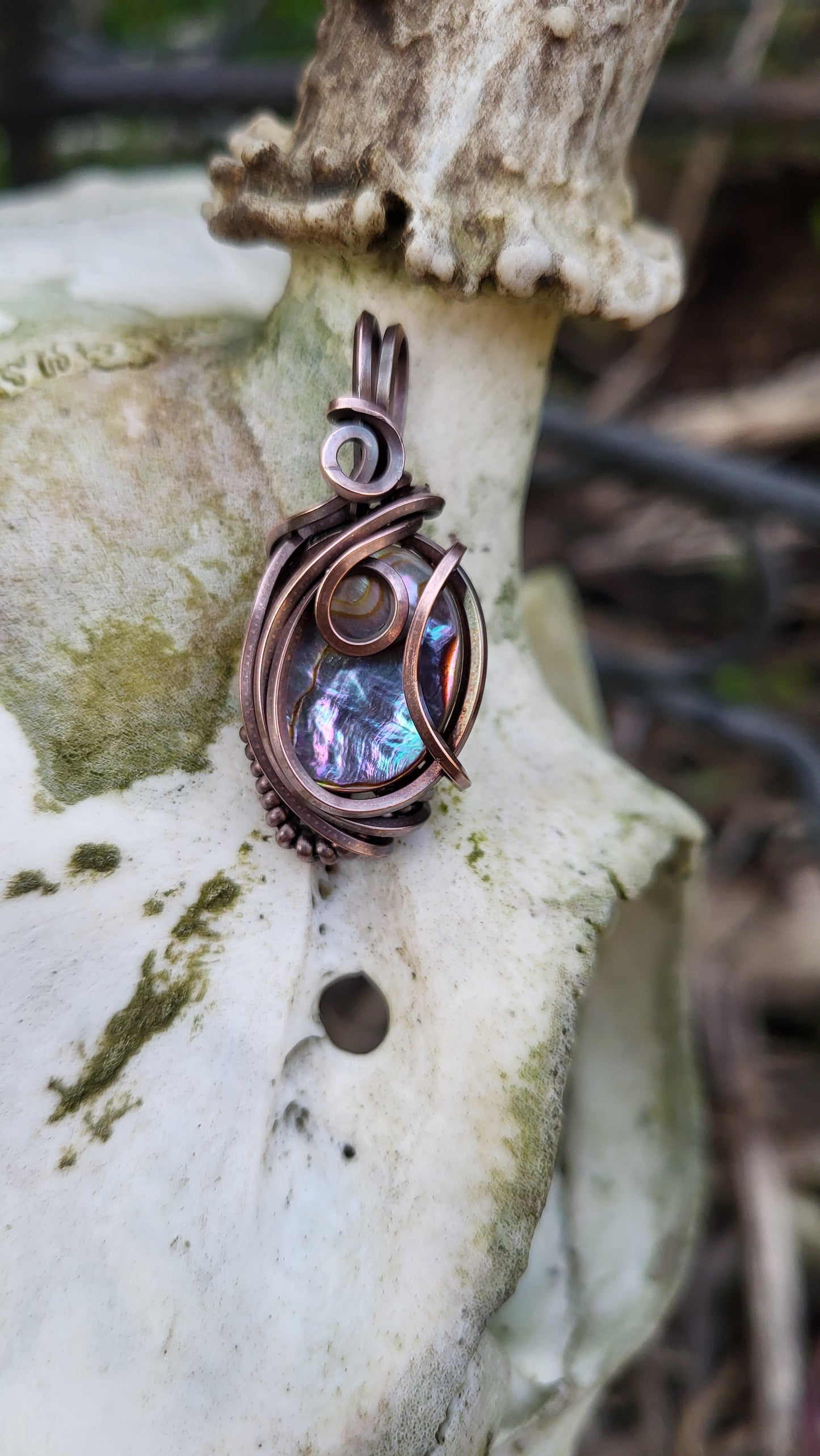 Abalone Shell Oxidized Copper Wire Wrap Pendant