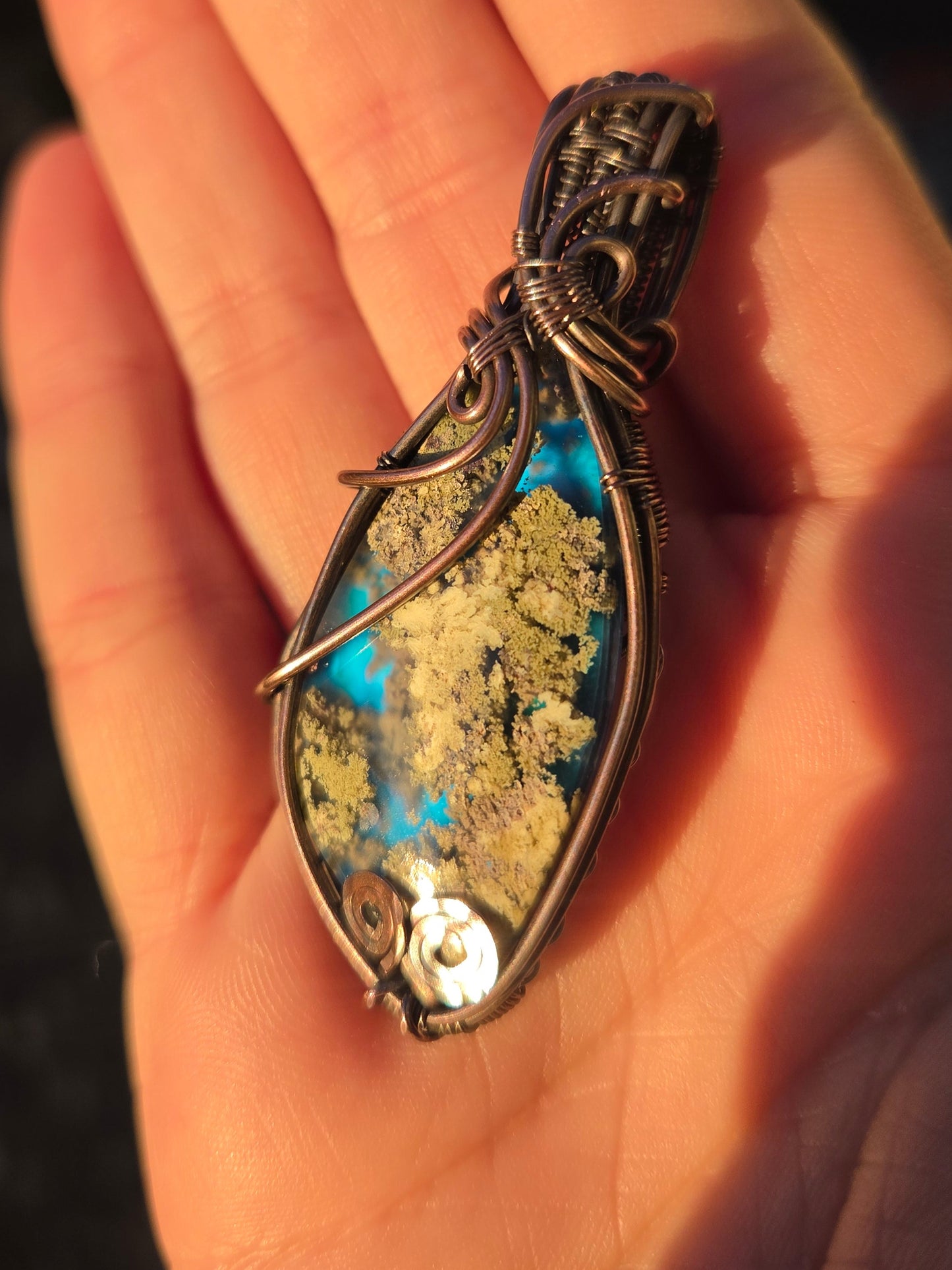 Moss Agate Aurora Opal Doublet Copper Pendant