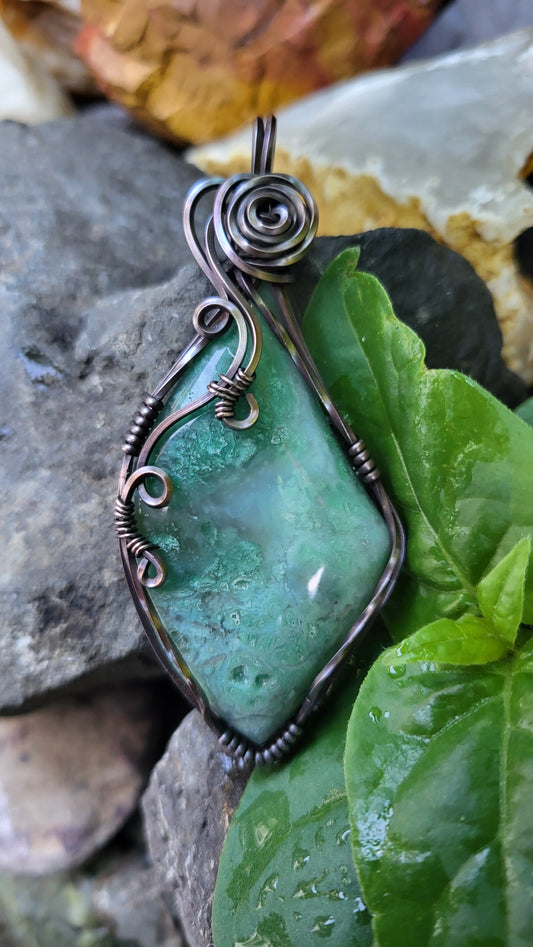 Green Chalcedony Copper Wire Wrap Pendant
