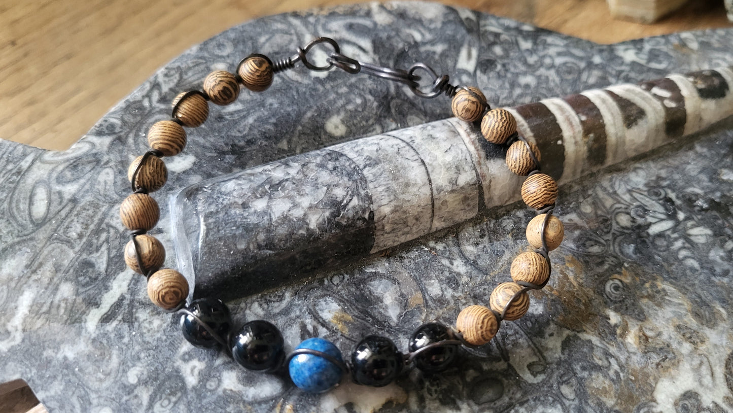 Copper Wire Wrap Stone & Wood Bead Bracelet Sz. 6.75
