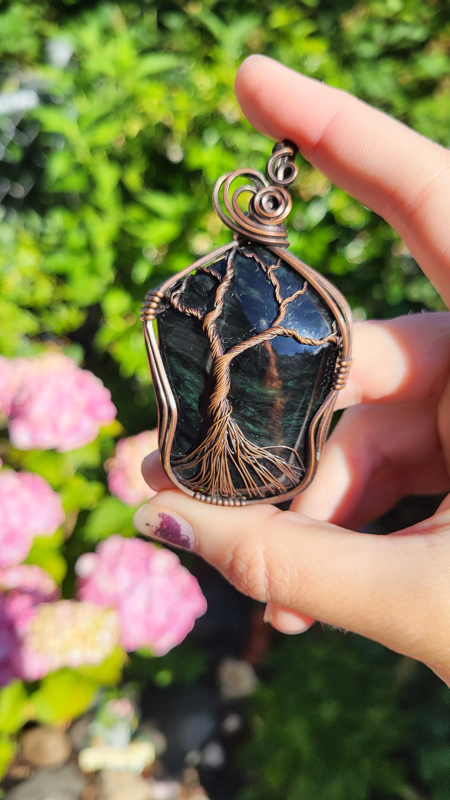 Green Velvet Obsidian Copper Tree Of Life Pendant