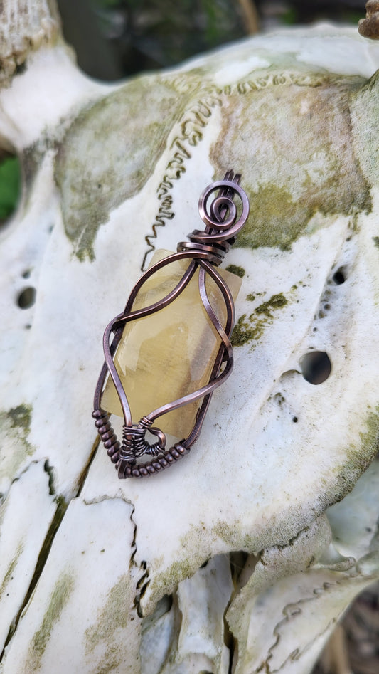 Yellow Fluorite Oxidized Copper Wire Wrap Pendant