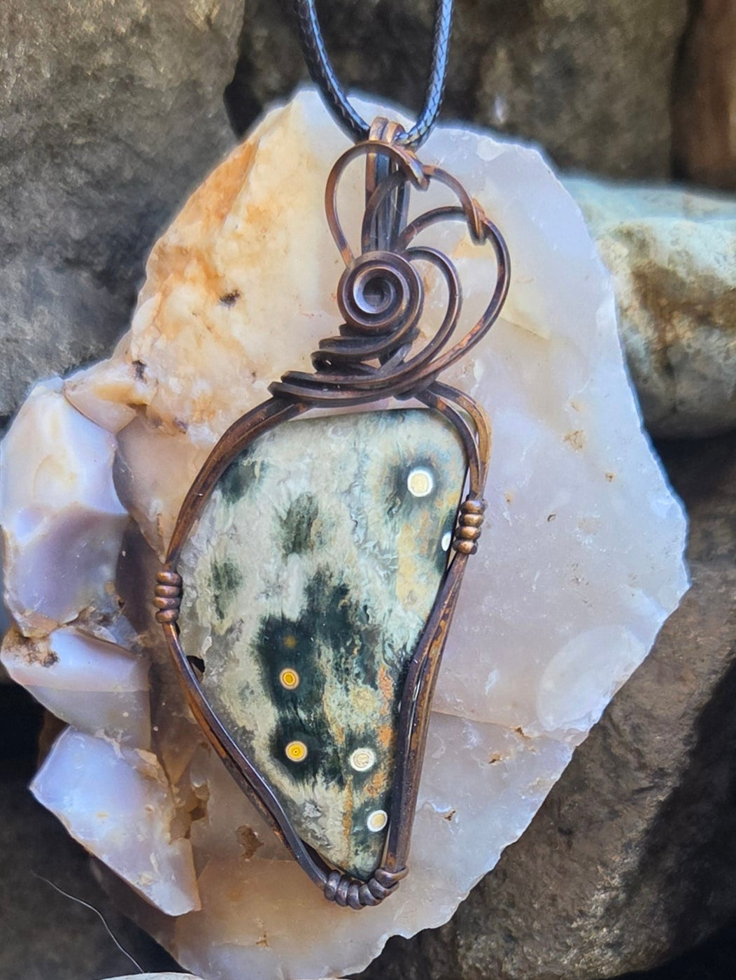 Handcrafted Oxidized Copper Wire Wrap Pendant Featuring Ocean Jasper