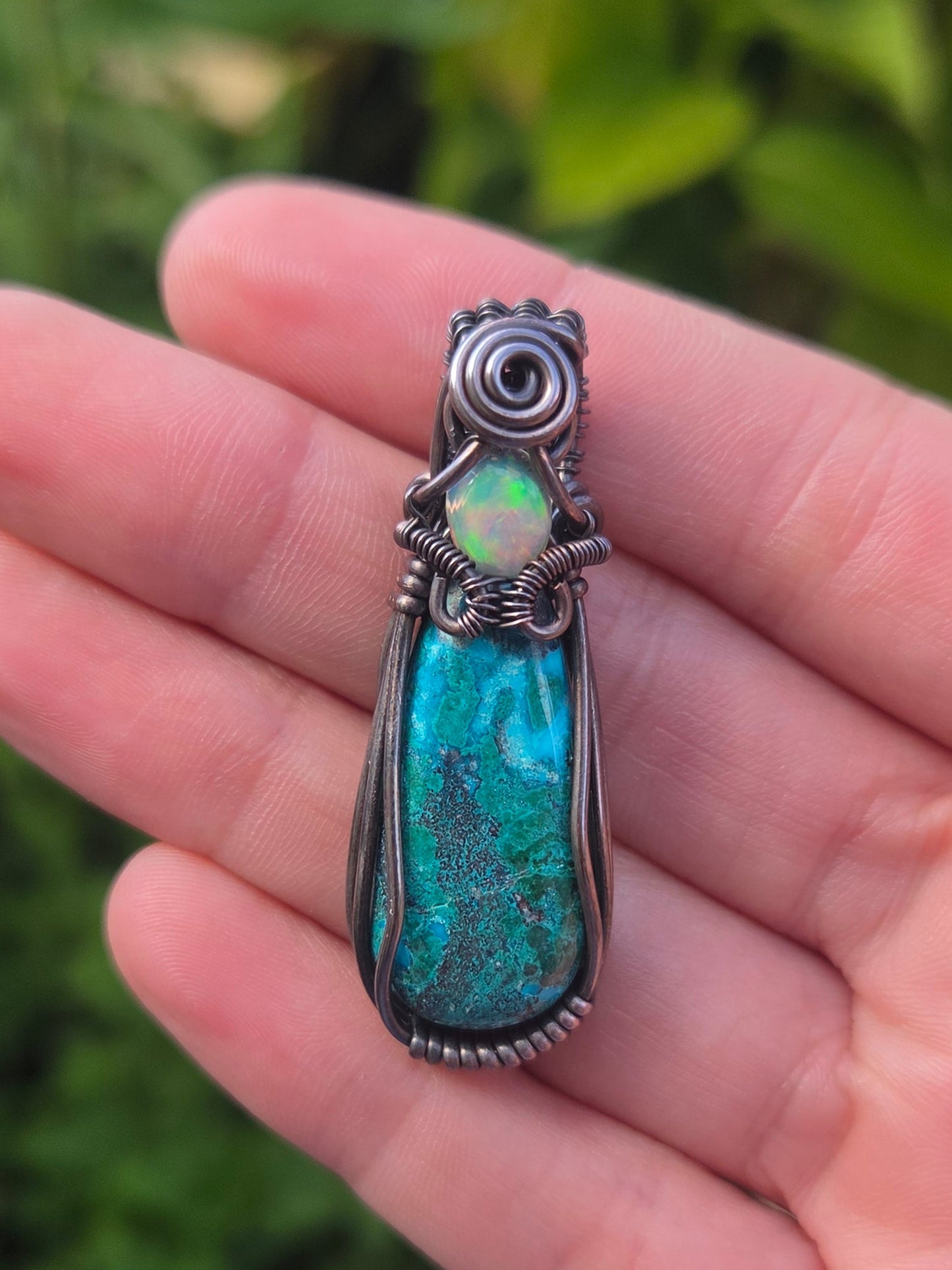Chrysocolla/Malachite Copper Wire Wrap Pendant with Opal Accent