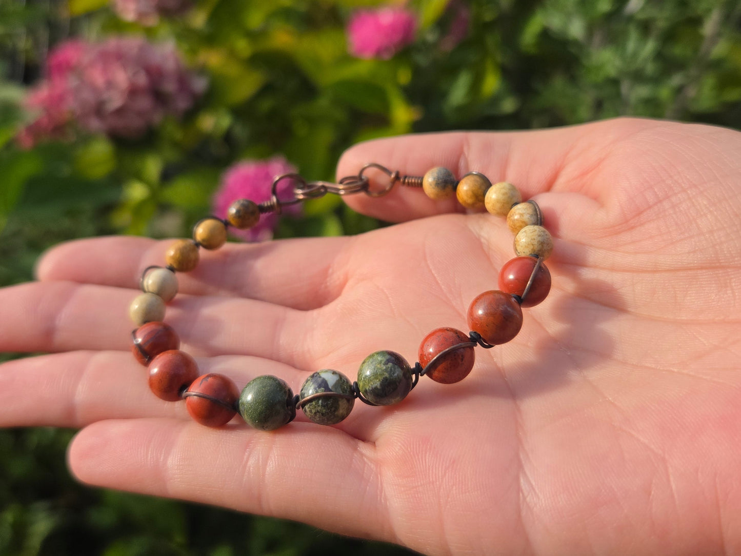 Copper Wire Wrap Bracelet w/ Jasper Stone Beads sz 6.75