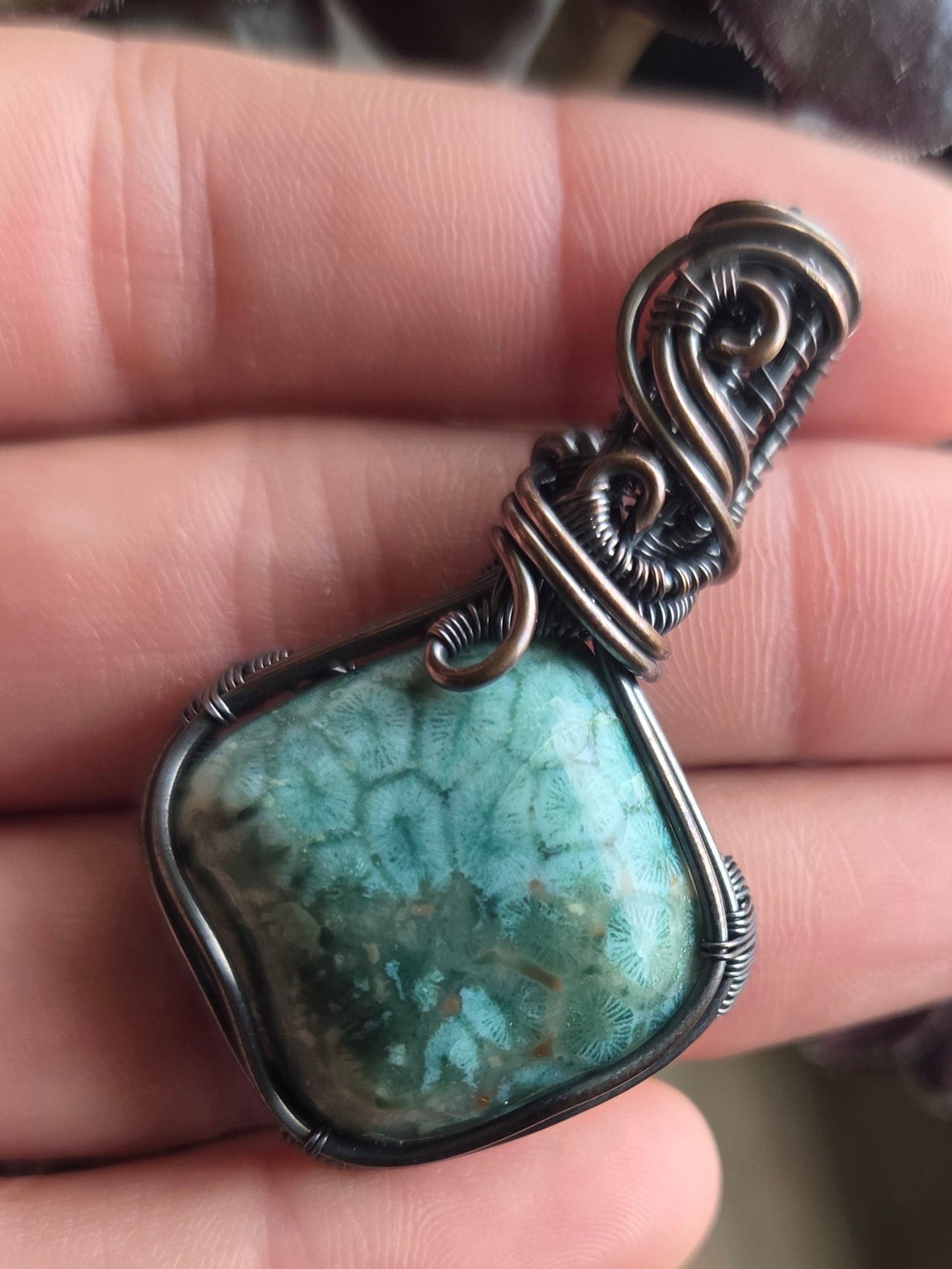 Fossilized Blue Coral Cabochon Copper Pendant