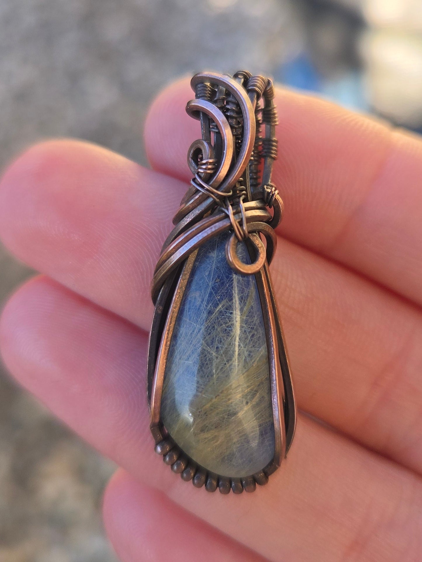 Golden Rutile / Lapis Lazuli Doublet Copper Pendant