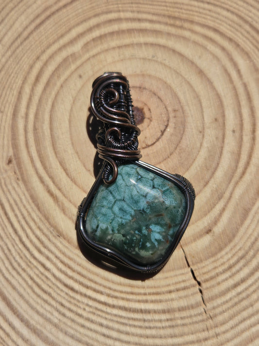 Fossilized Blue Coral Cabochon Copper Pendant