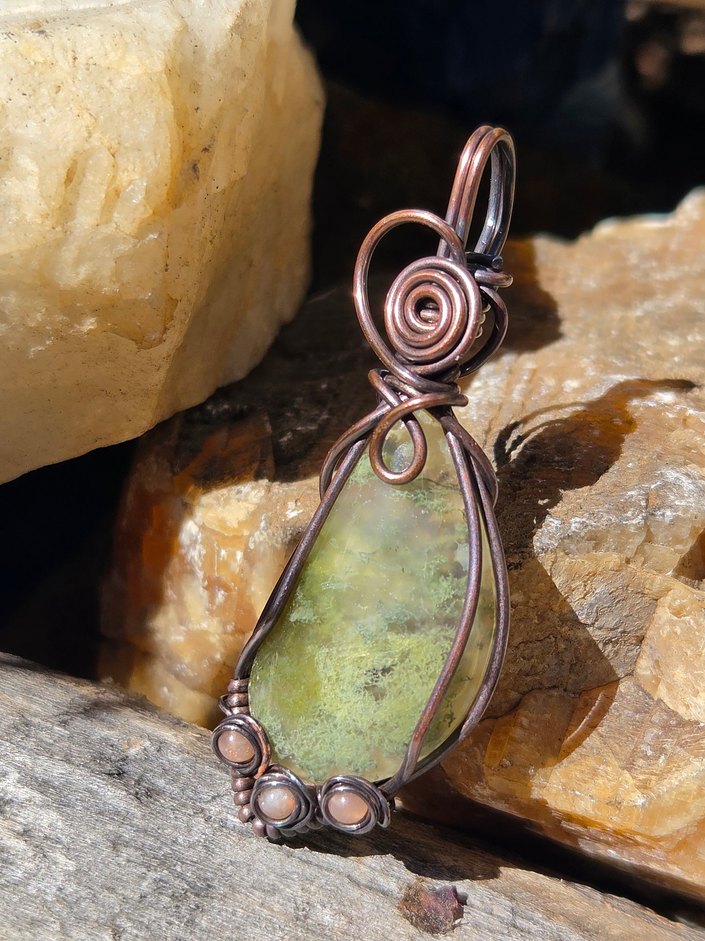 Moss Agate Copper Wire Wrap Pendant w/ Sunstone Accents
