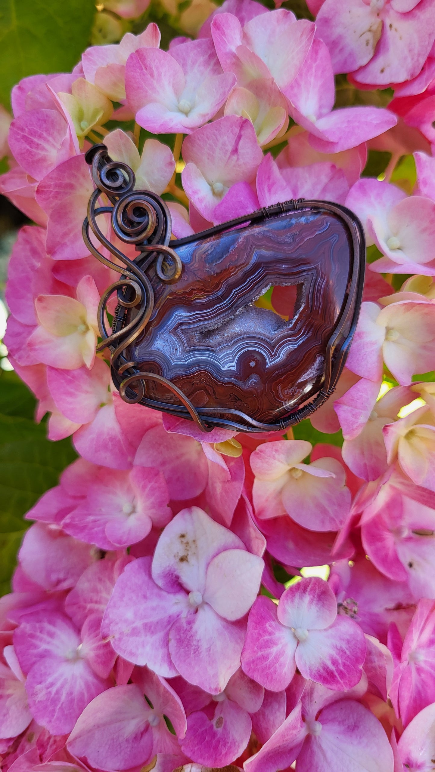 Crazy Lace Agate W/ Druzy Copper Wire Wrap Pendant