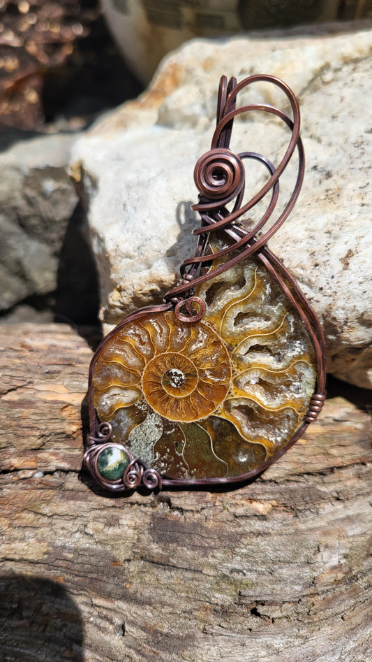 Ammonite Fossil w/ Moss Agate Accent Copper Wire Wrap Pendant