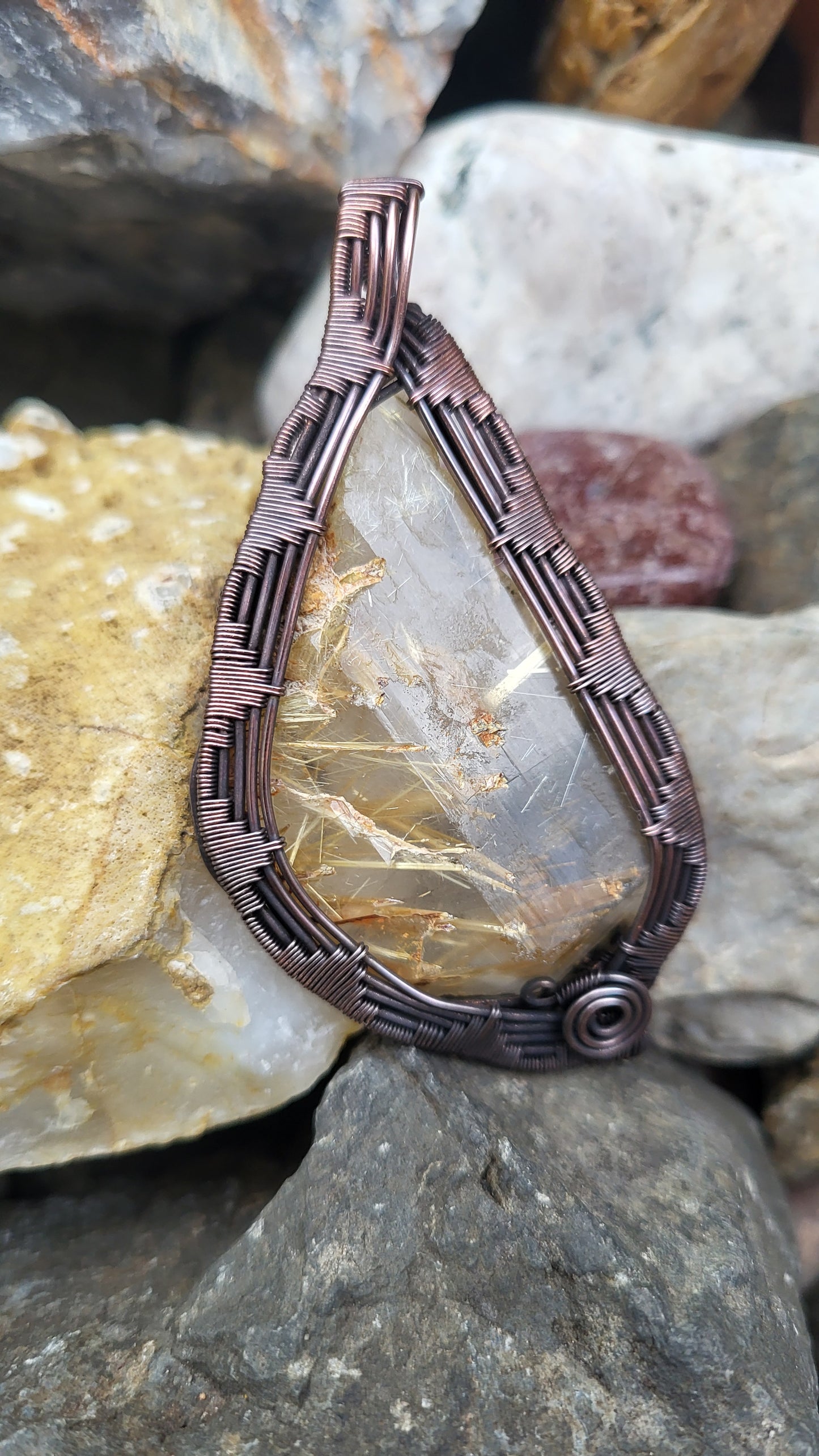 Golden Rutilated Quartz Copper Wire Wrap Pendant