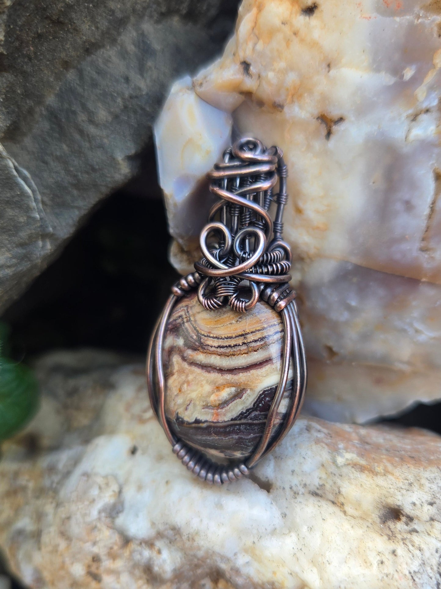 Crazy Lace Agate Copper Wire Wrap Pendant