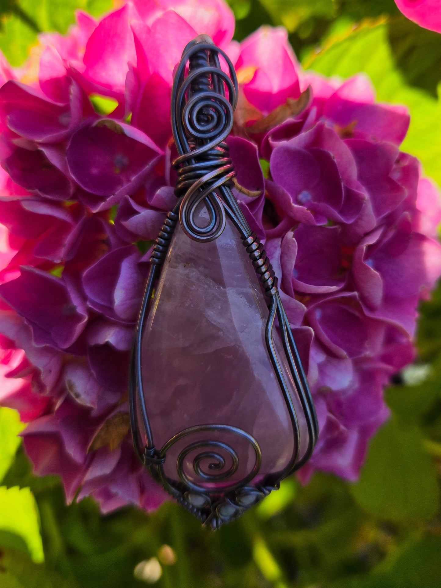 Rose Quartz Cabochon Copper Wire Wrap Pendant W/ Amazonite Accents