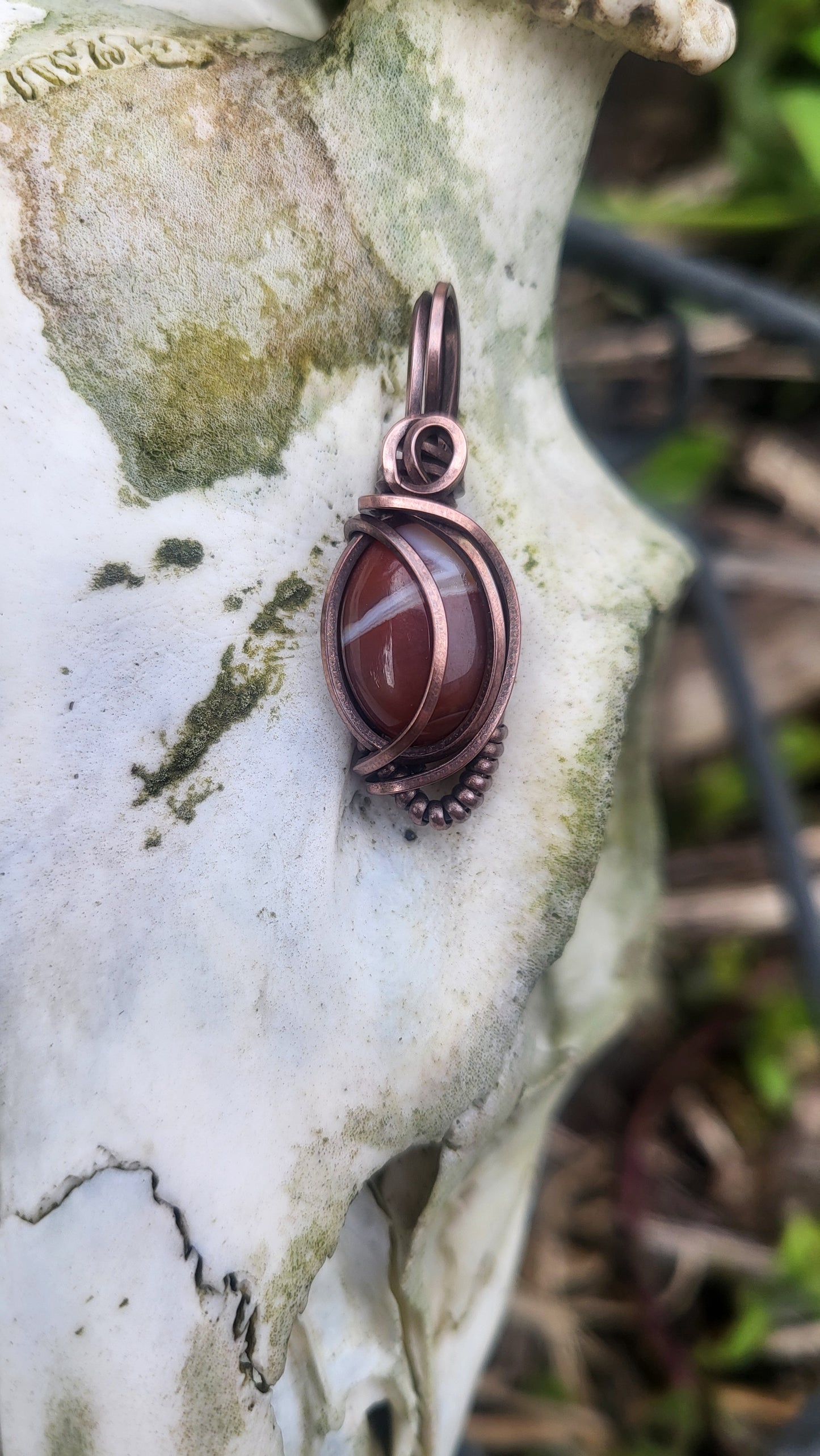 Orange Banded Agate Oxidized Copper Wire Wrap Pendant