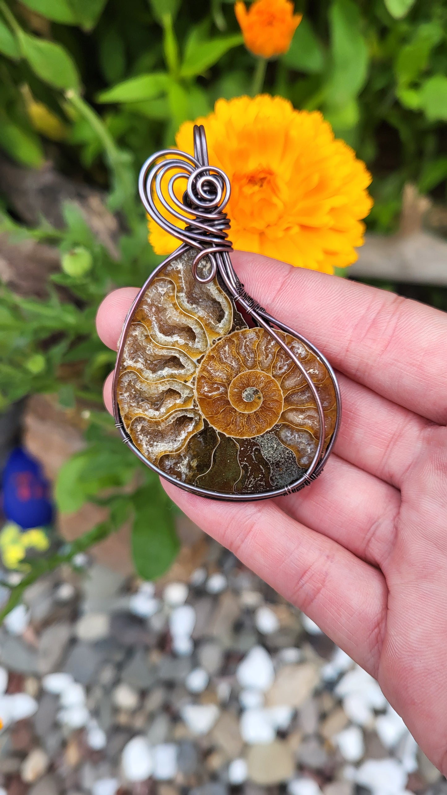 Ammonite Fossil w/ Druzy Crystals Copper Wire Wrap Pendant