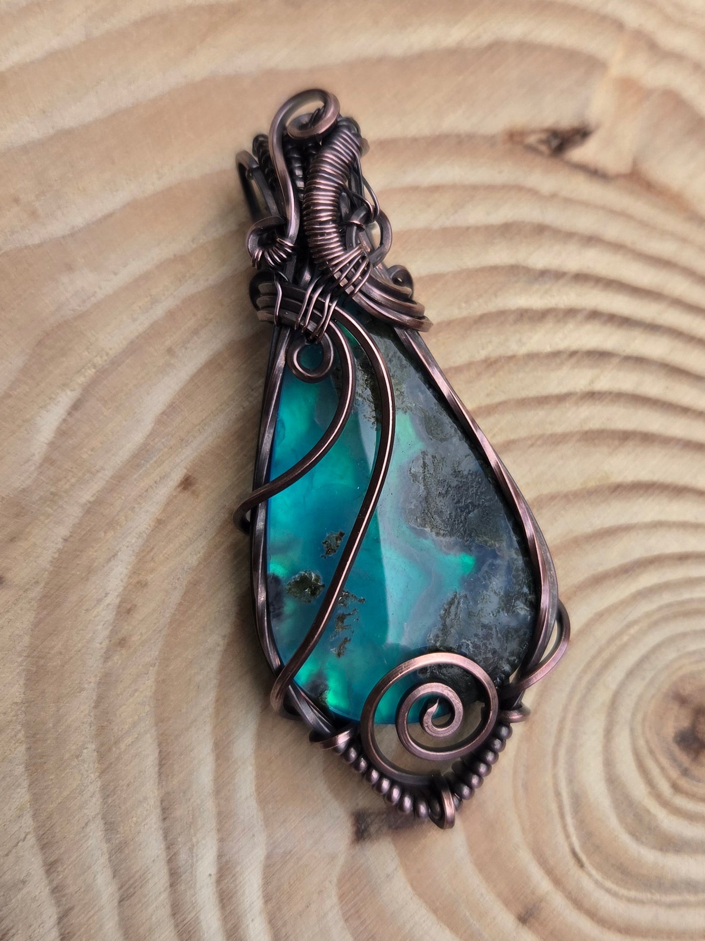Moss Agate Aurora Opal Doublet Copper Pendant