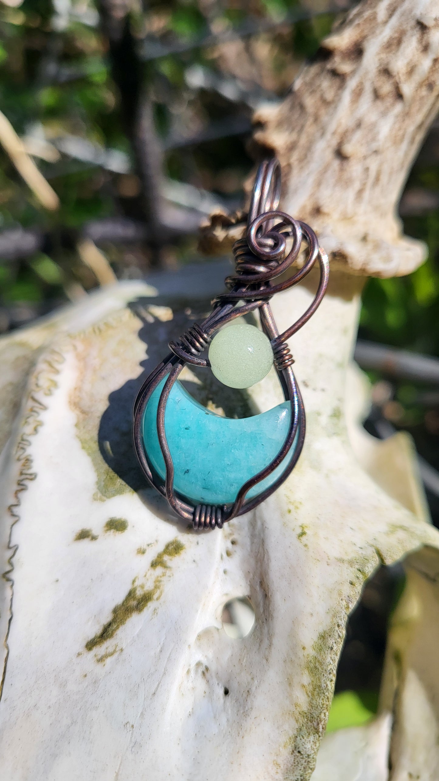 Amazonite Crescent Moon w/ Green Glow Stone Pendant Necklace