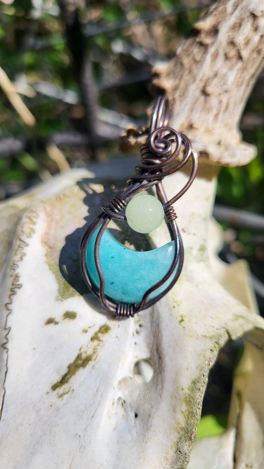 Amazonite Crescent Moon w/ Green Glow Stone Pendant Necklace