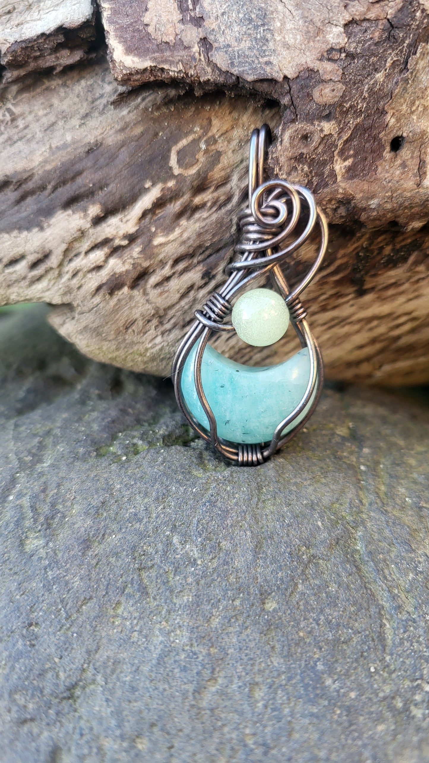 Amazonite Crescent Moon w/ Green Glow Stone Pendant Necklace