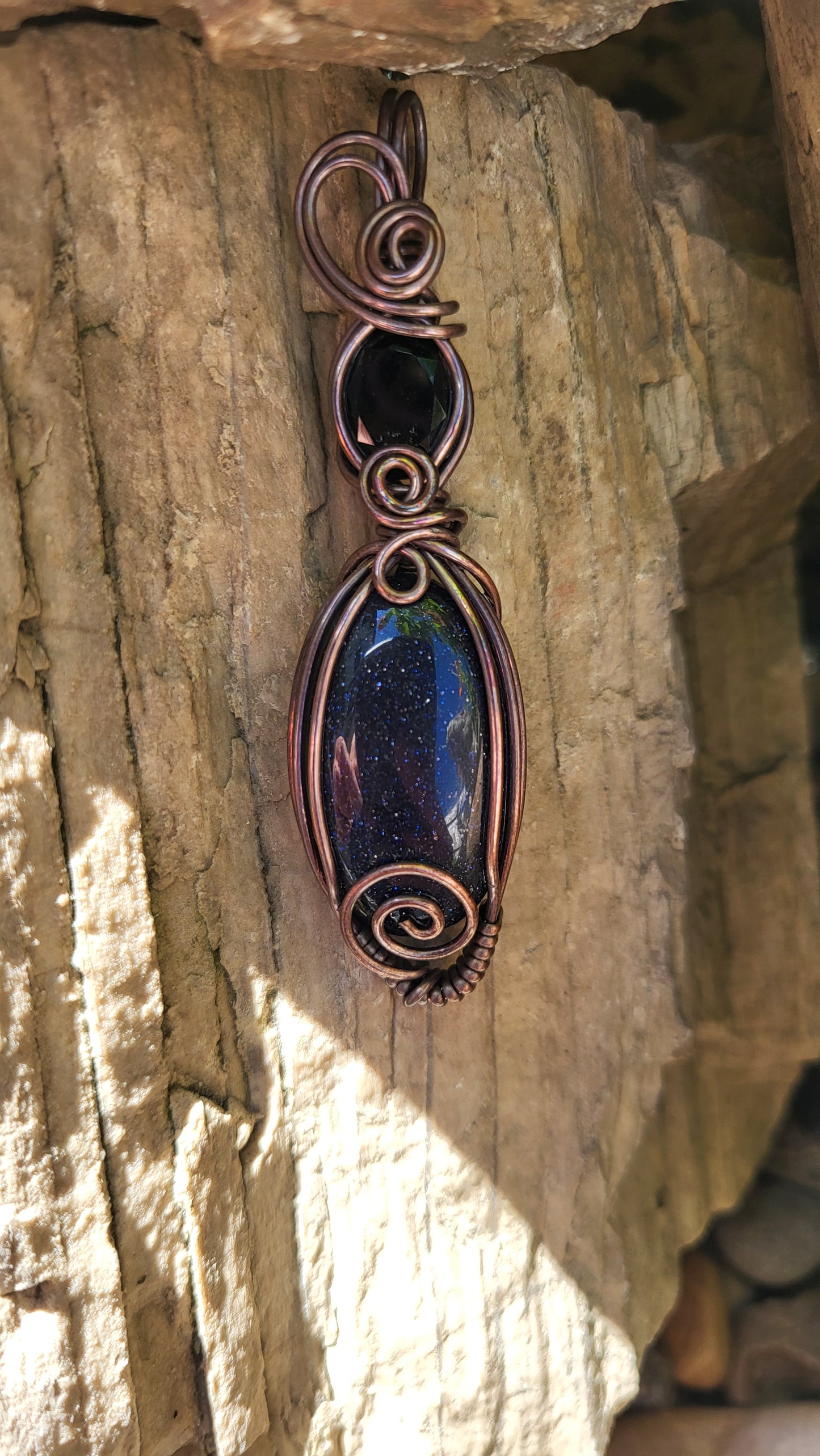 Smoky Quartz & Blue Goldstone Copper Wire Wrap Pendant