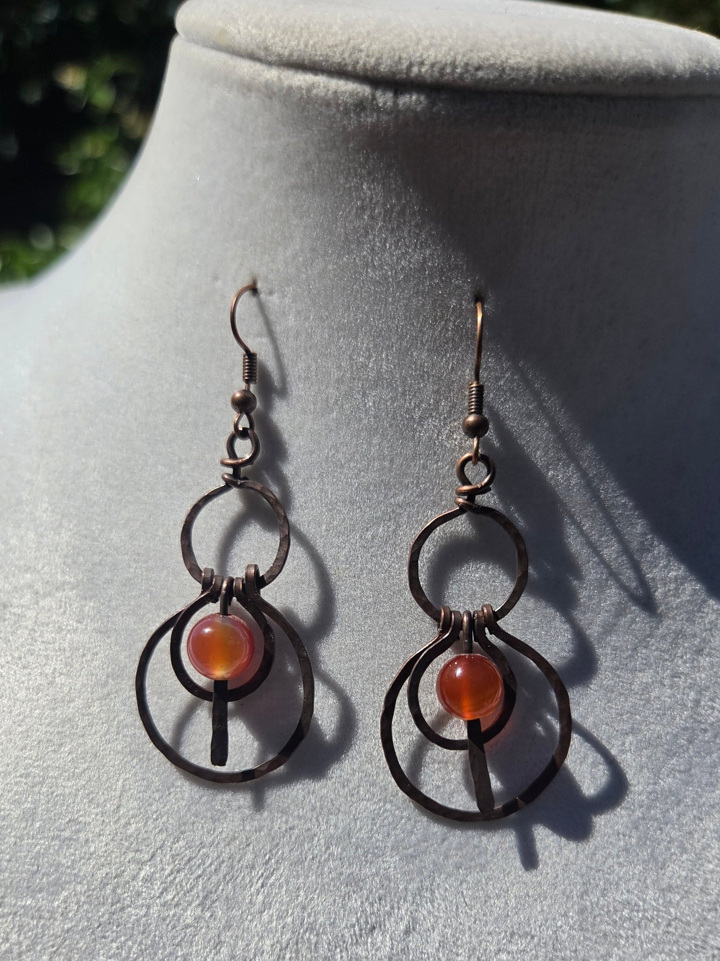 Hammered Copper Earrings with Carnelian Bead Accents