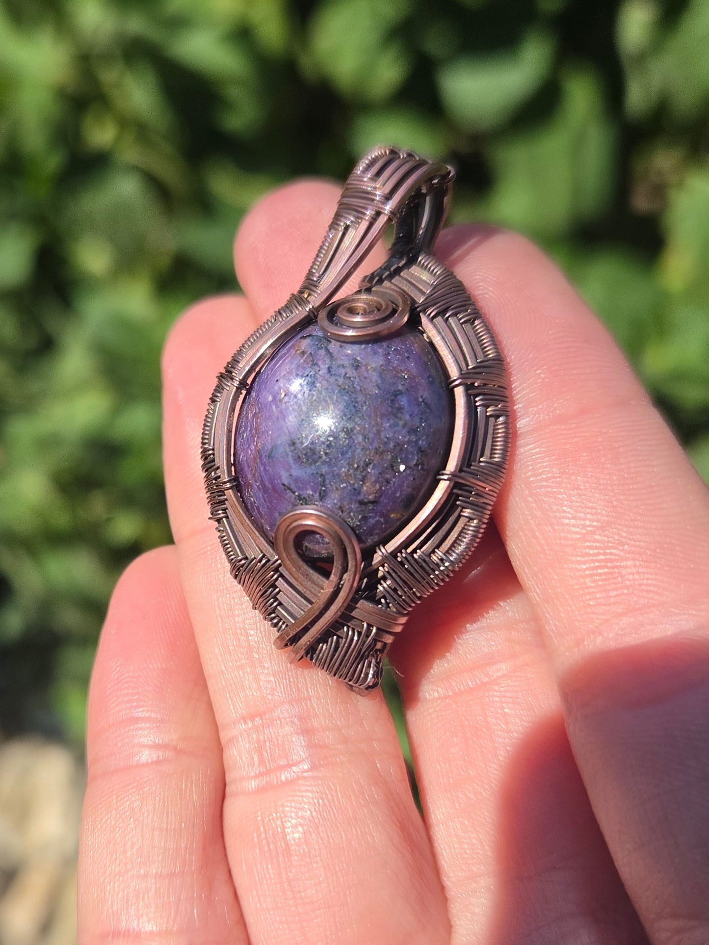 Chatoyant Ruby Cabochon Copper Pendant