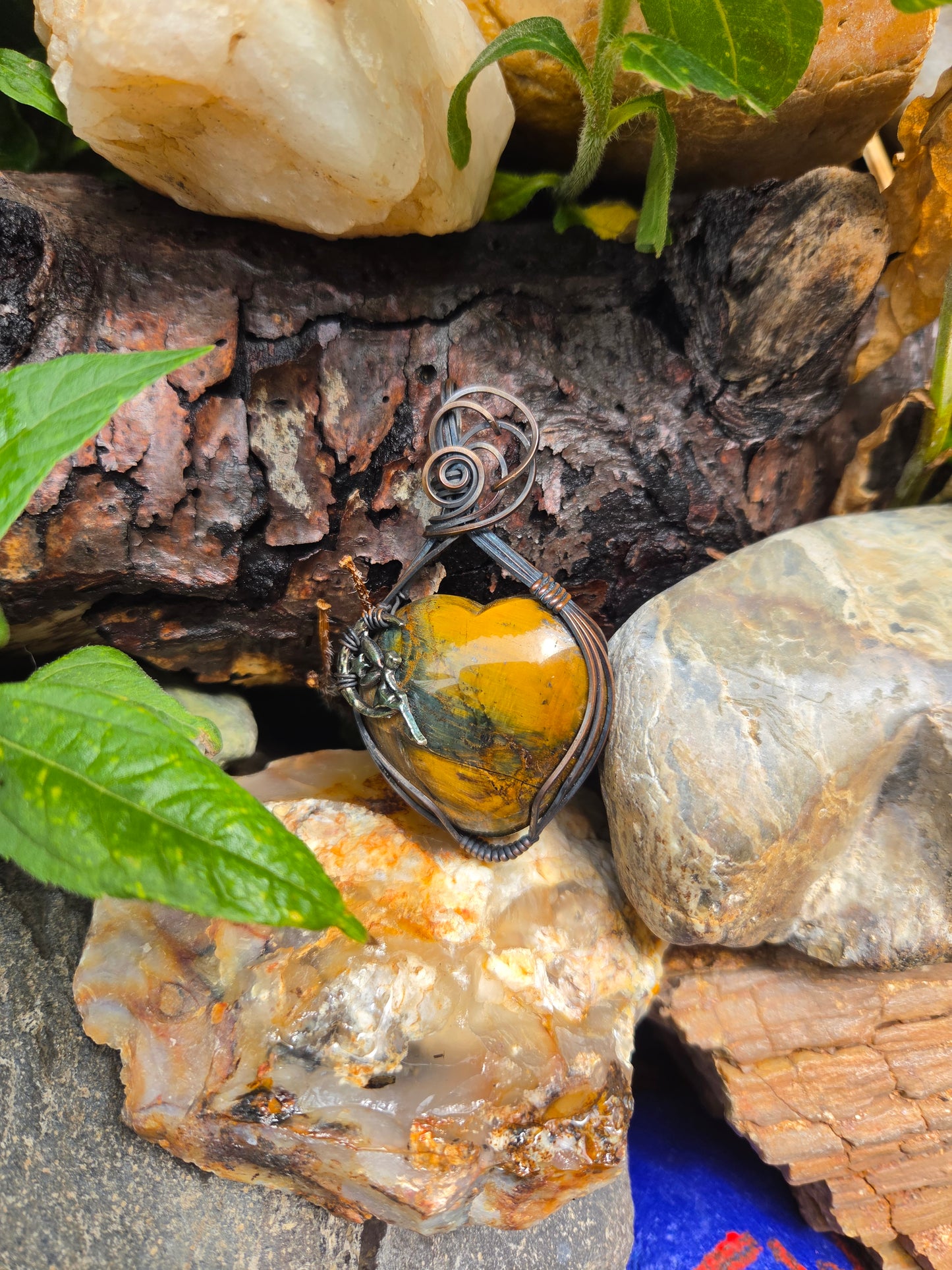 Tigers Eye Heart with Crescent Moon & Fairy Charm Pendant
