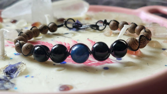 Copper Wire Wrap Stone & Wood Bead Bracelet Sz. 6.75