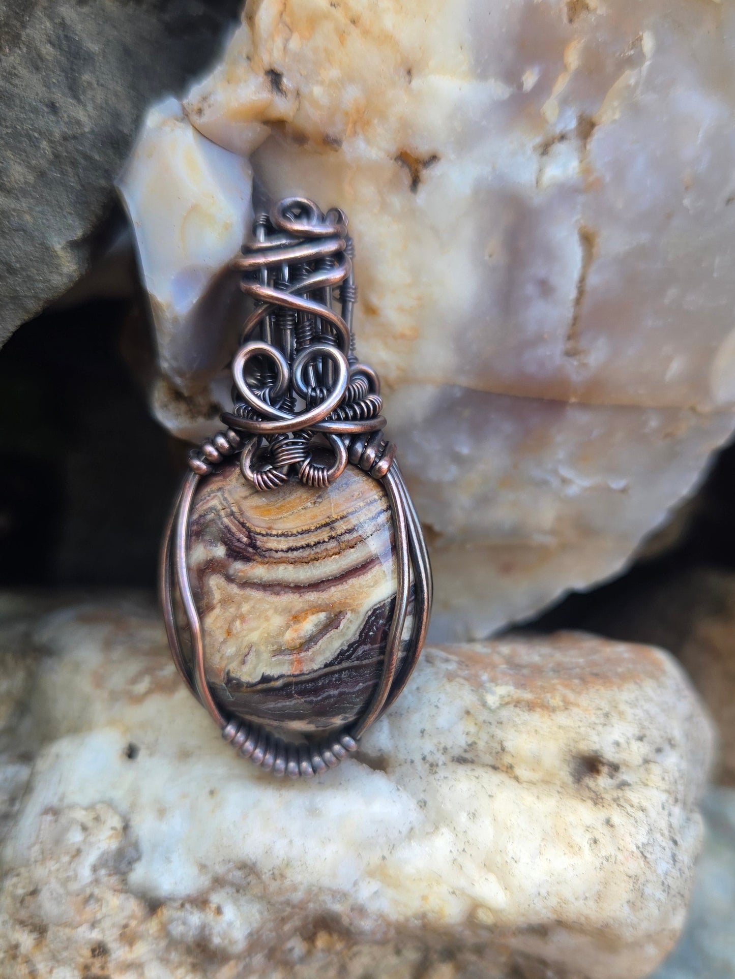 Crazy Lace Agate Copper Wire Wrap Pendant
