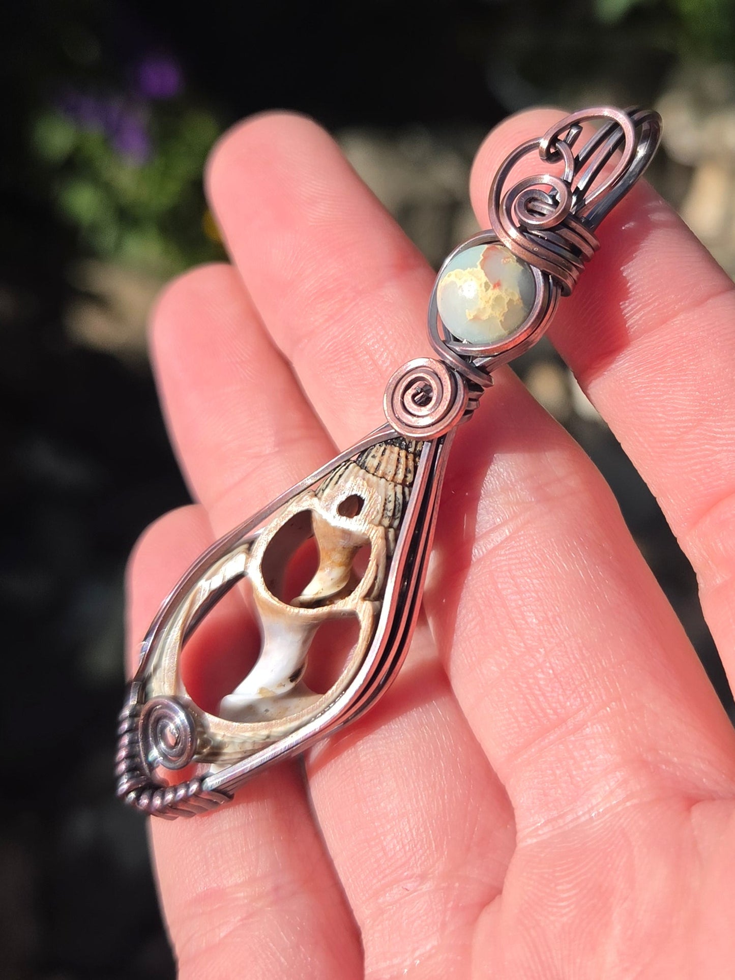 Center Cut Seashell With Shoushan Stone Accent Copper Totem Pendant