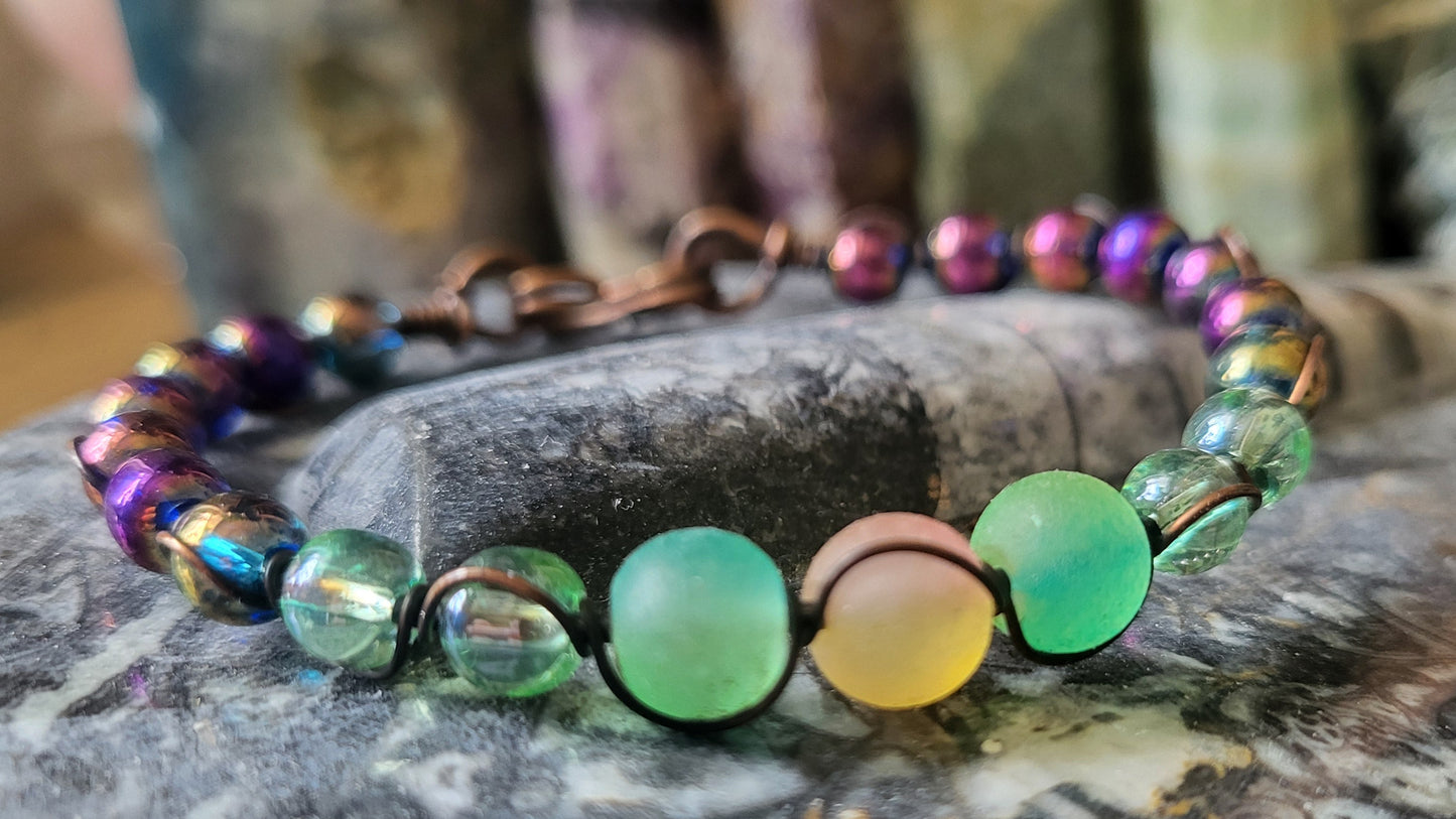 Copper Wire Wrap Stone Bead Bracelet Sz 6.25