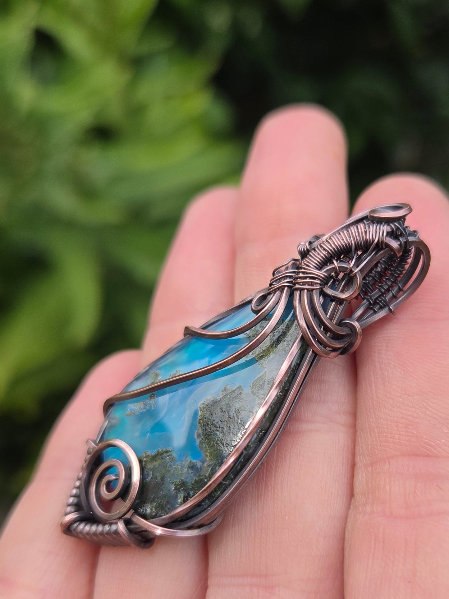 Moss Agate Aurora Opal Doublet Copper Pendant