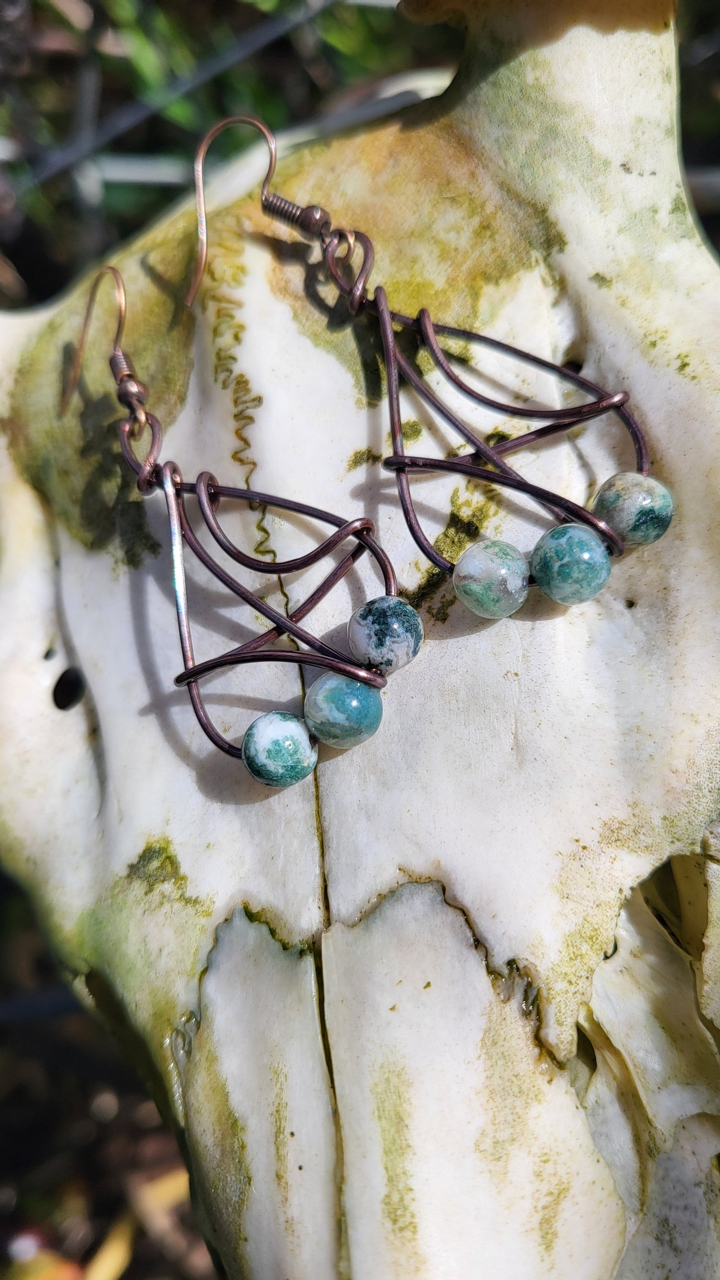 Moss Agate Oxidized Copper Wire Wrap Earrings