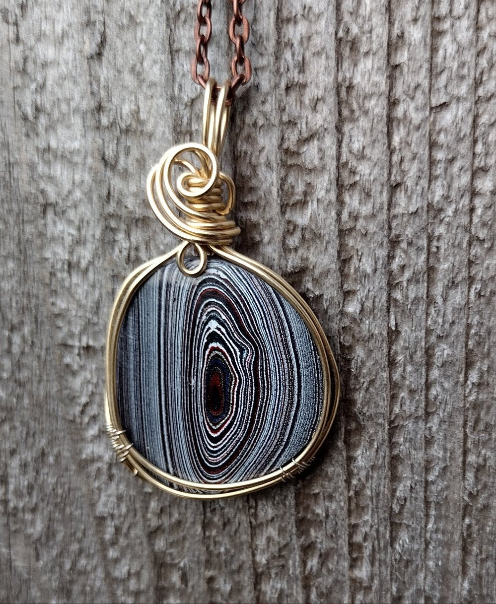 14k Gold Fill Wire Wrap Fordite Pendant