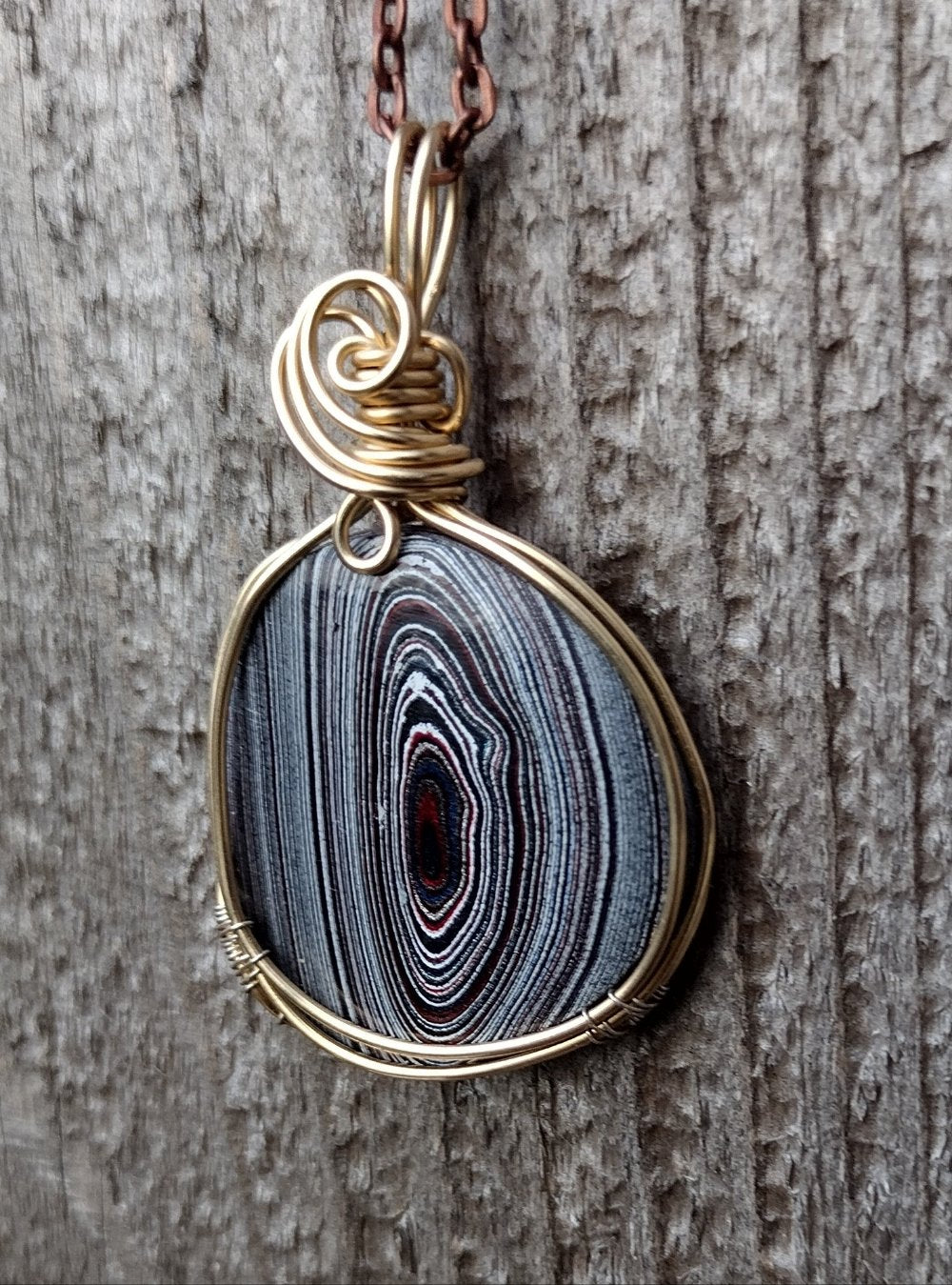 14k Gold Fill Wire Wrap Fordite Pendant