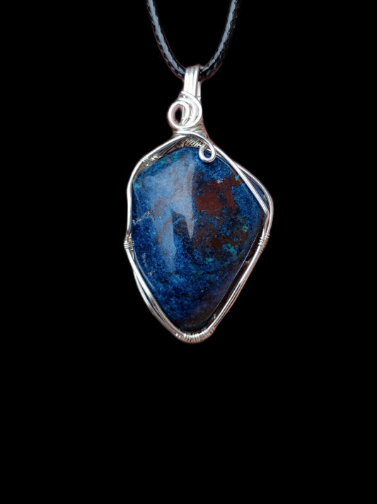 Apache Gem Silica Chrysocolla/ Azurite .925 Sterling Silver Wire Wrap Pendant