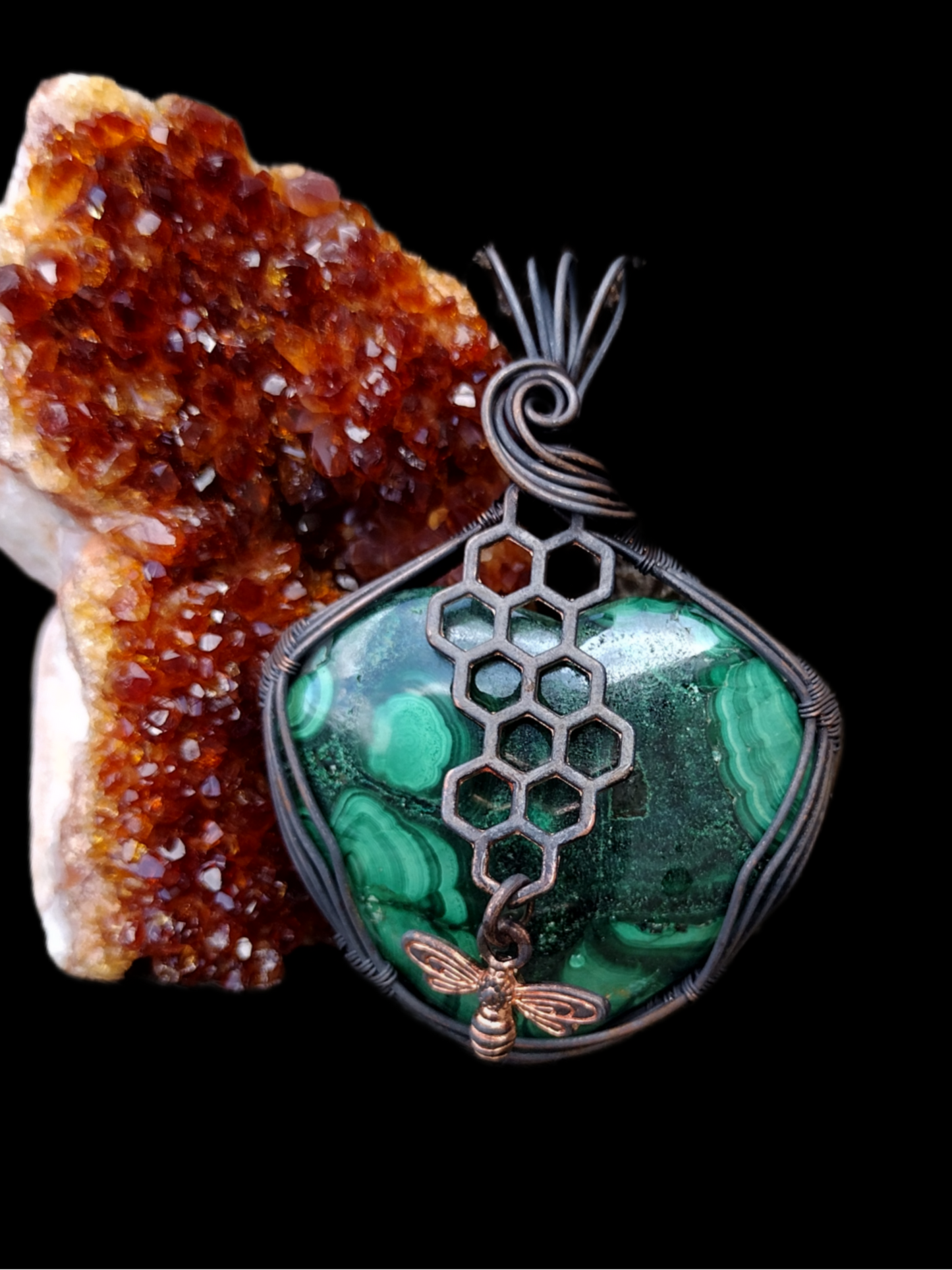 Malachite Stone Honeycomb Bee Charm Pendant
