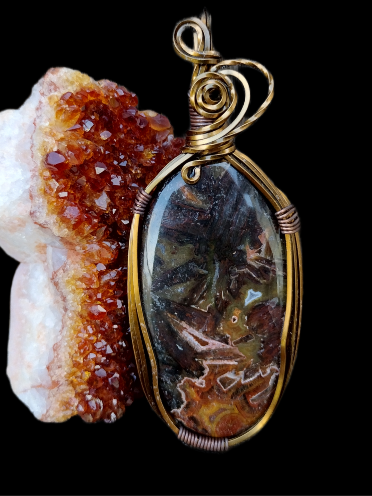 Square Bronze Wire Wrap Turkish Stick Agate Pendant